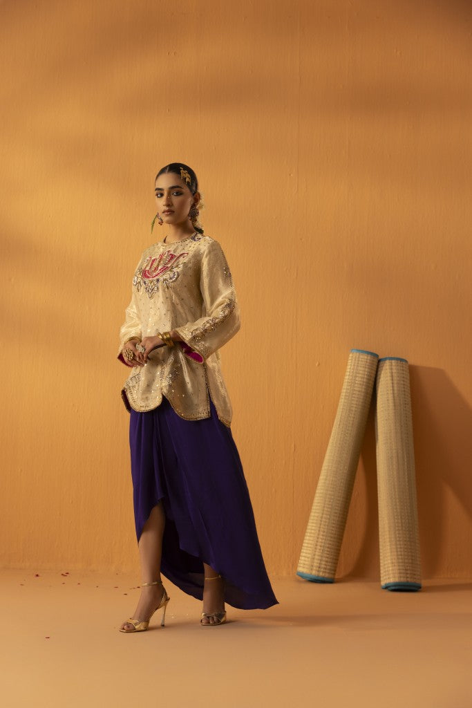 Khudrang gold  embroidered tissue indo- western kurta set