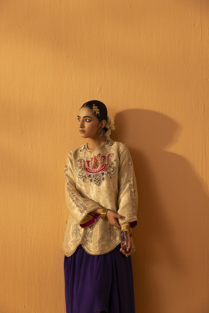 Khudrang gold  embroidered tissue indo- western kurta set