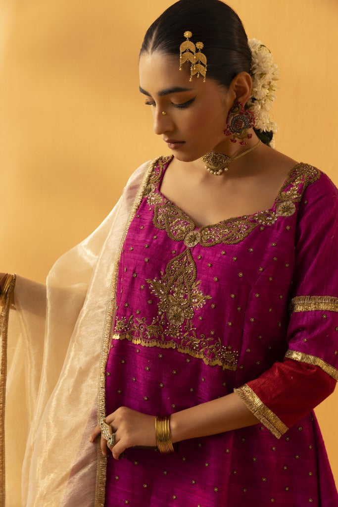 Gulnaar magenta pink silk embroidered kurta set