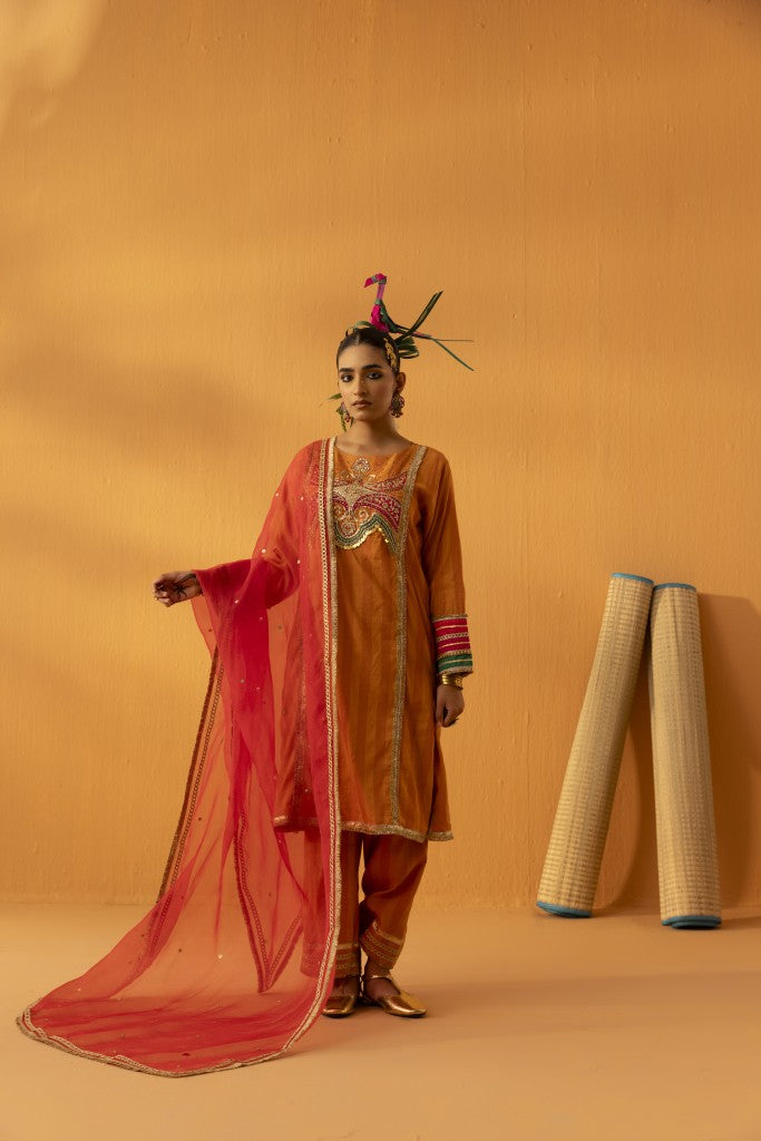 Saajrang  orange silk embroidered kurta set