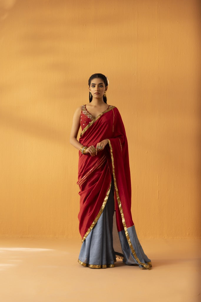 Ruhgul maroon embroidered saree set