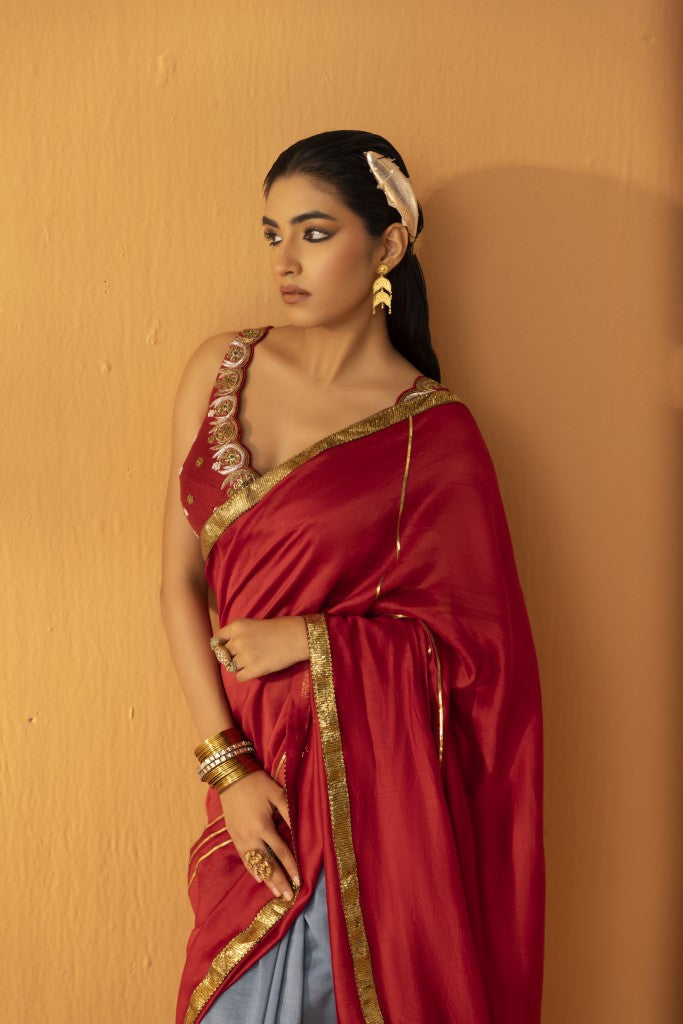 Ruhgul maroon embroidered saree set