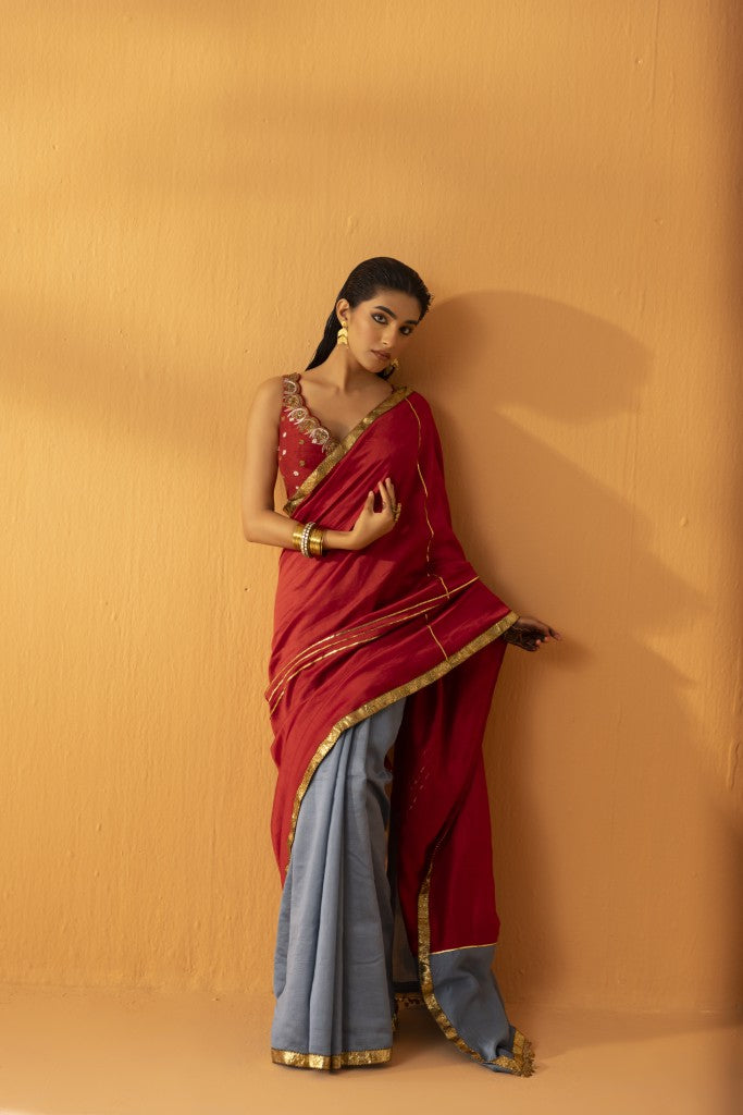 Ruhgul maroon embroidered saree set