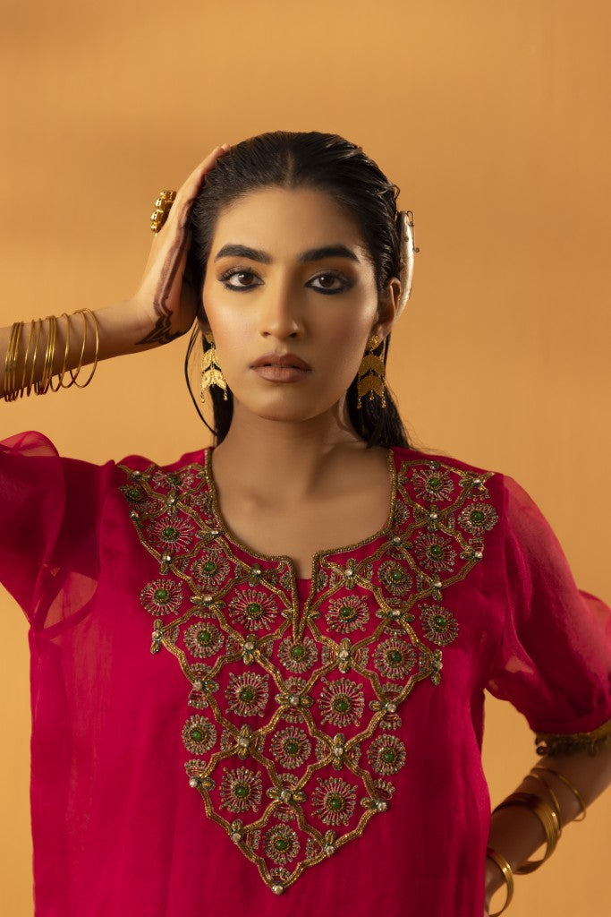 Gulkaar fuschia pink embroidered kurta set