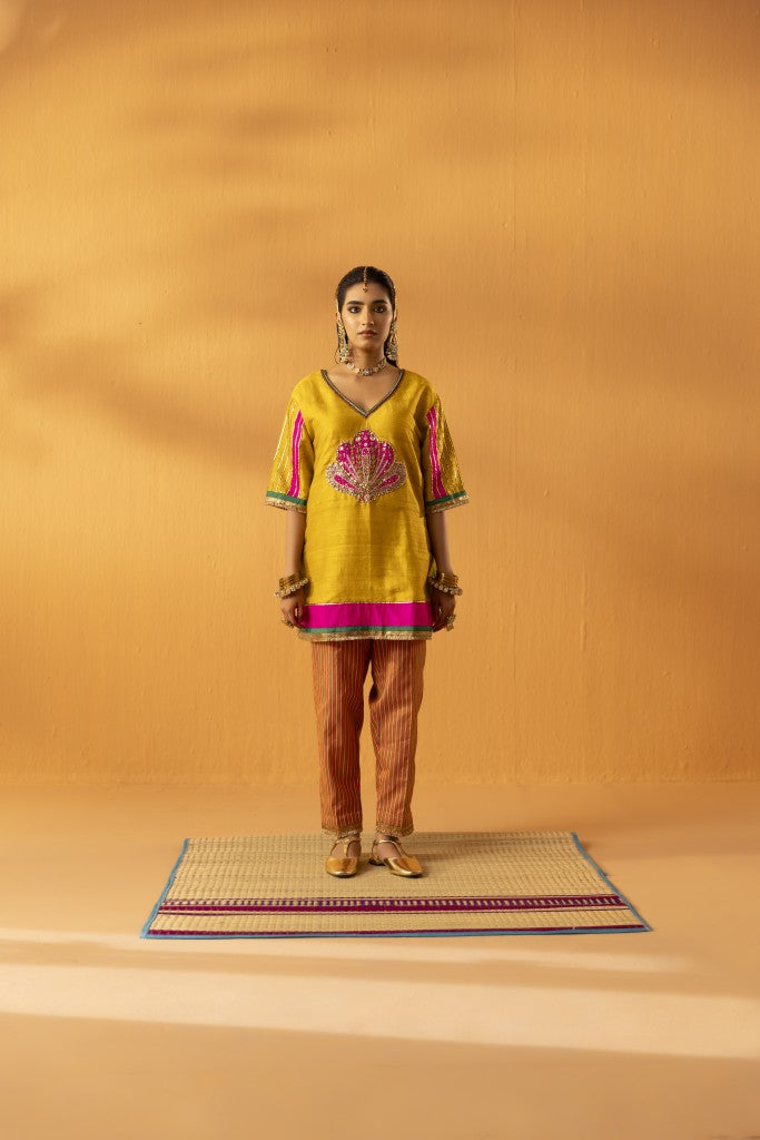 Aabha Mustard yellow silk embroidered kurta set