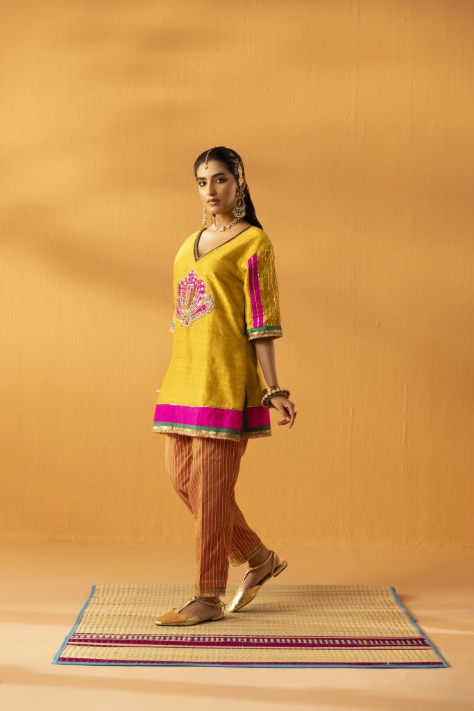 Aabha Mustard yellow silk embroidered kurta set