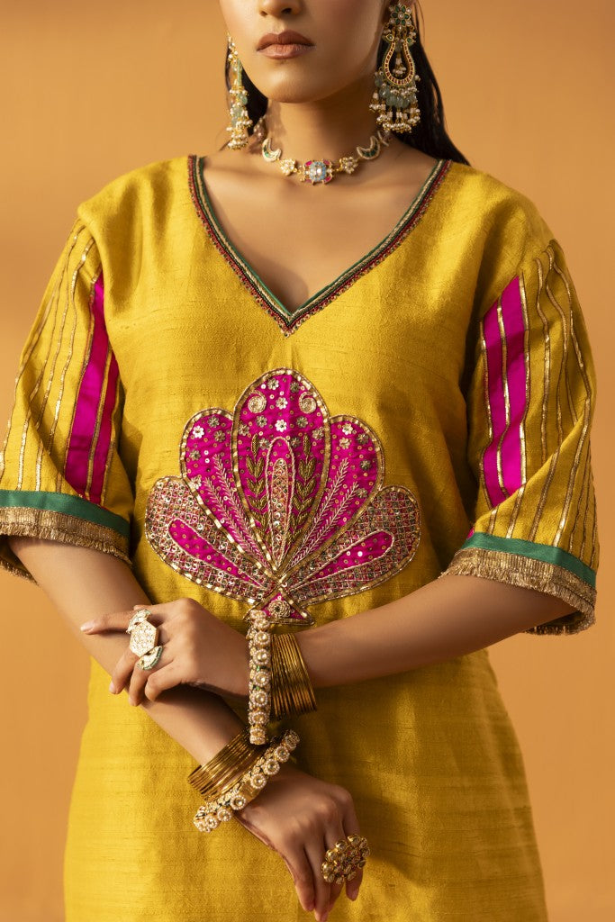 Aabha Mustard yellow silk embroidered kurta set