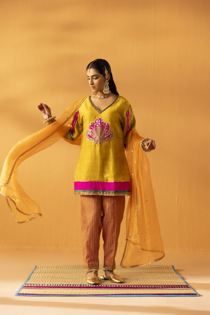 Aabha Mustard yellow silk embroidered kurta set