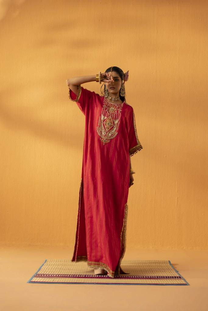 Neeranjali fuschia pink embroidered silk kaftan