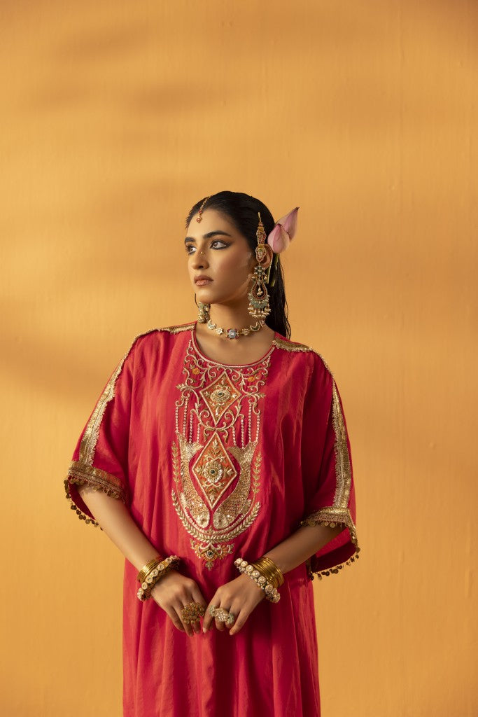Neeranjali fuschia pink embroidered silk kaftan