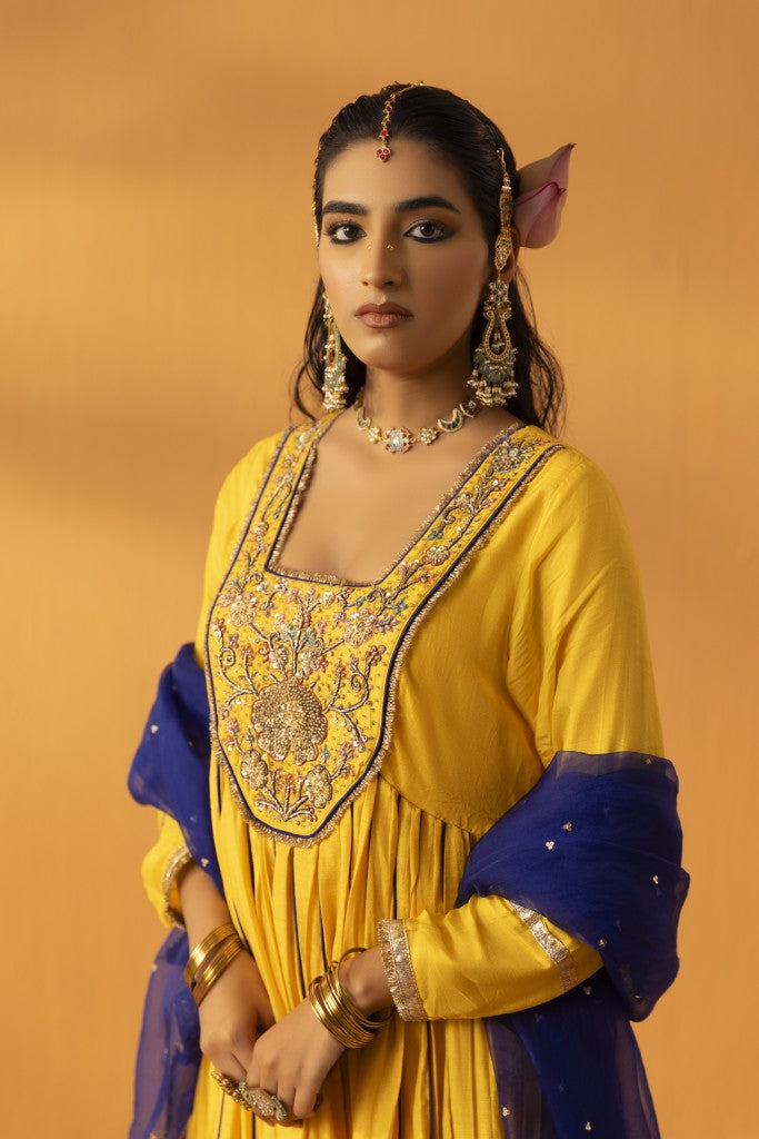 Amaltas yellow embroidered anarkali set
