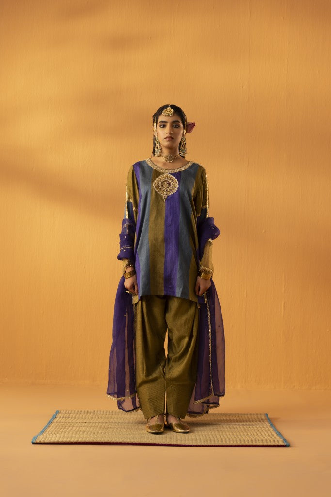Rangpankh olive silk embroidered kurta set