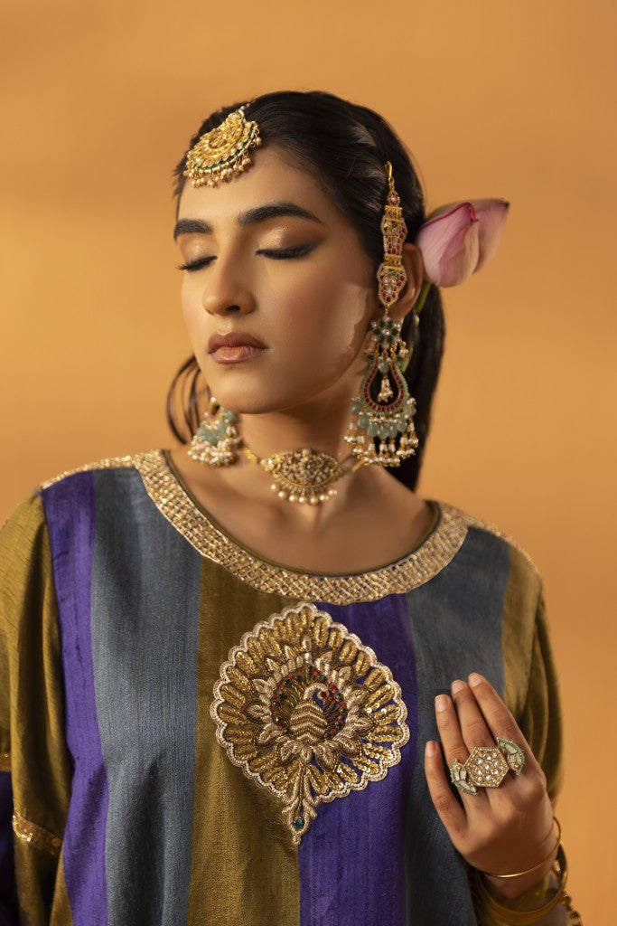 Rangpankh olive silk embroidered kurta set