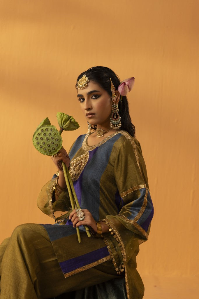Rangpankh olive silk embroidered kurta set