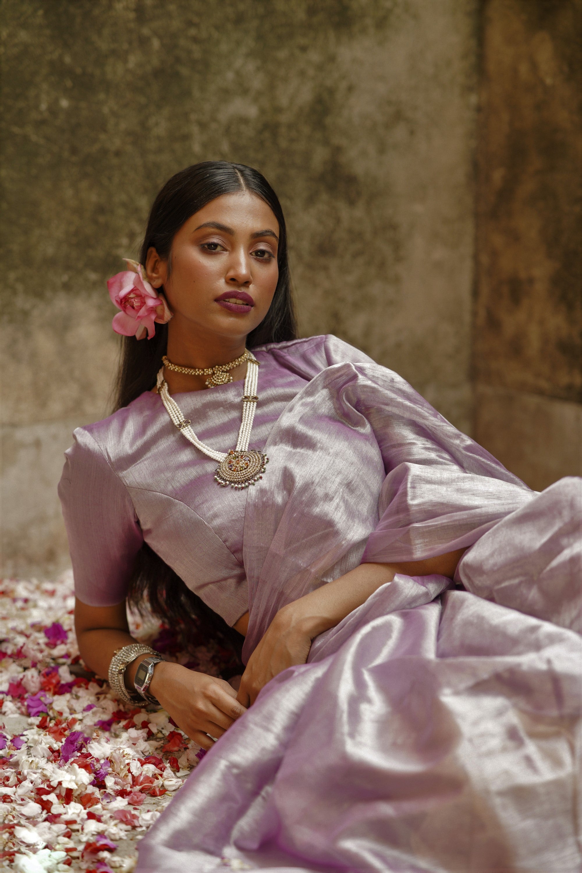 Lilac Lily I Pastel Purple Handloom Tissue Saree