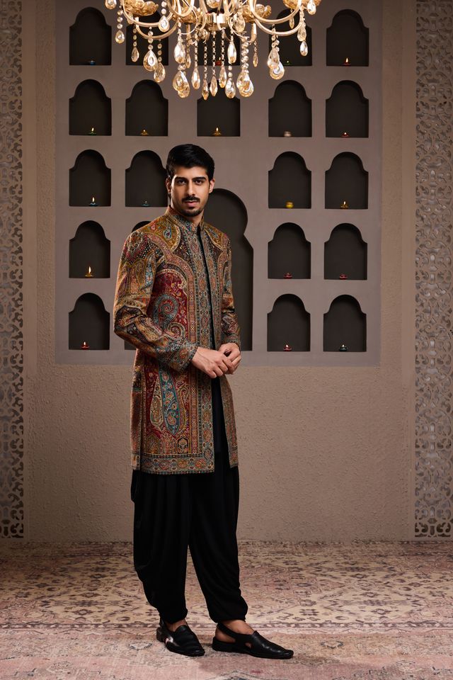 Jamawar Achkan Black Kurta Dhoti Salwar