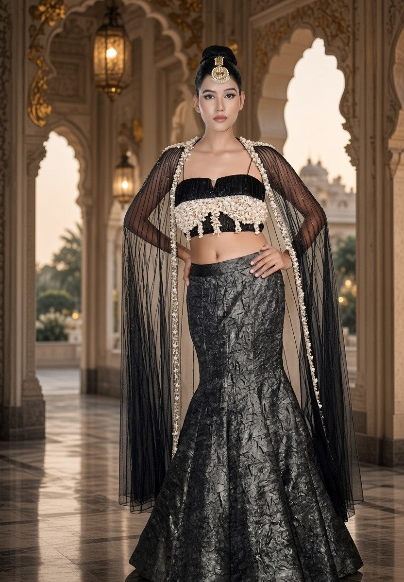 Long Cape Blouse with Jakard Skirt