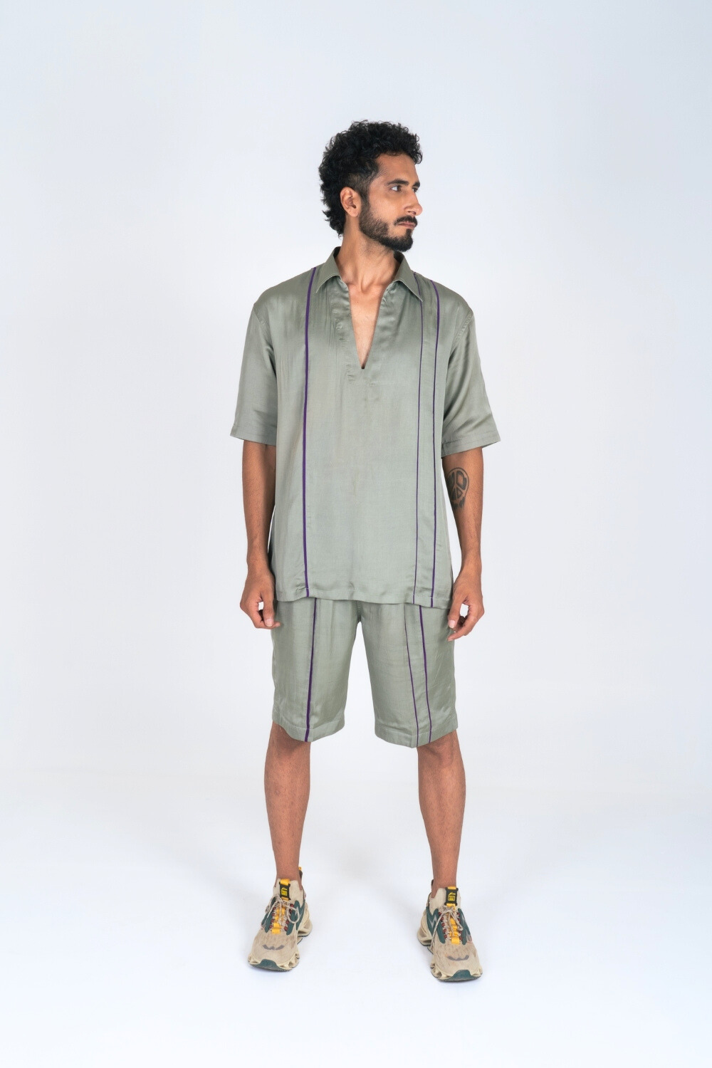 Green Shorts with Purple Pipin