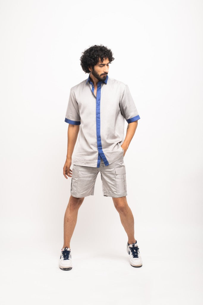 Grey-Blue Collar Colorblocked Co-ord Set