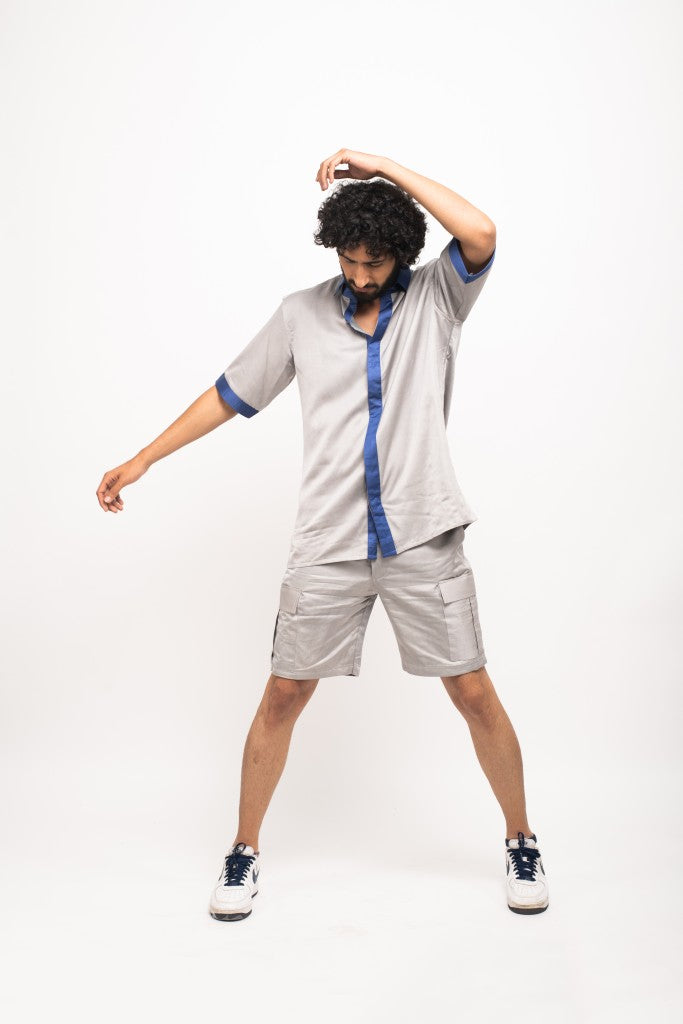 Grey-Blue Collar Colorblocked Co-ord Set