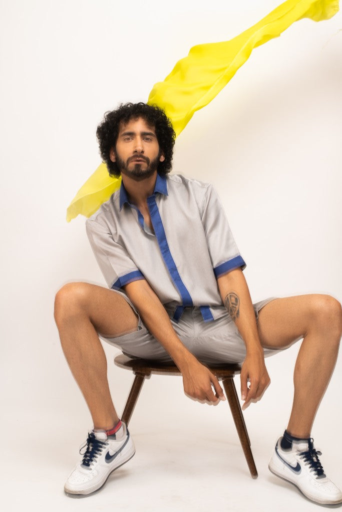 Grey-Blue Collar Colorblocked Shirt