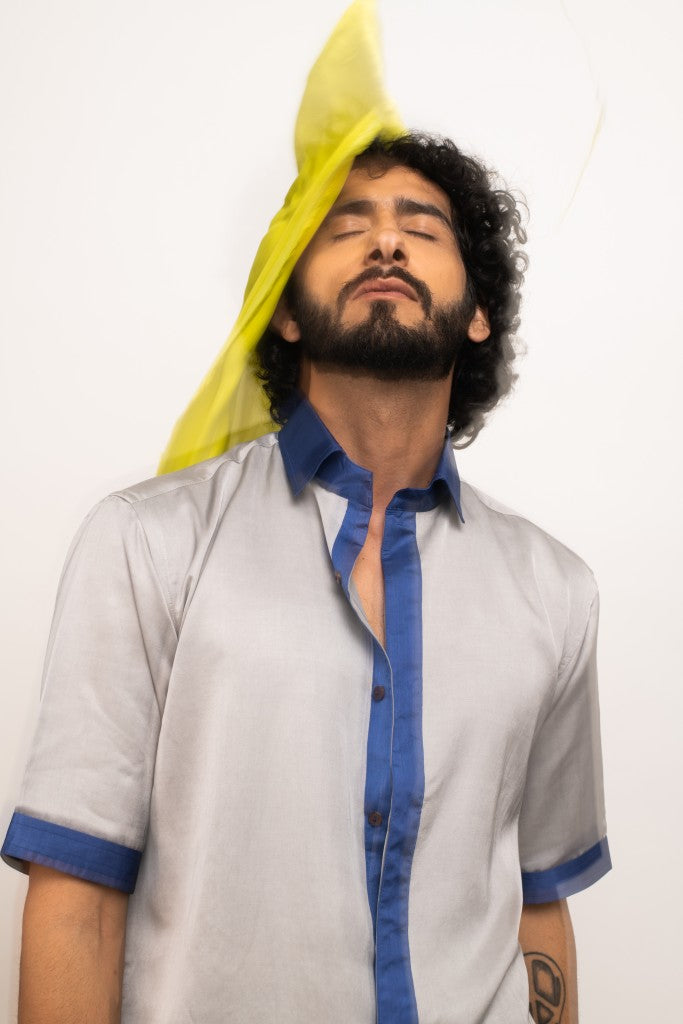 Grey-Blue Collar Colorblocked Shirt