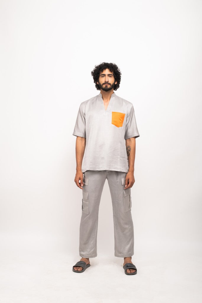Grey-Orange Pocket Shirt