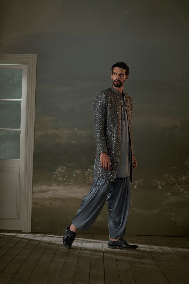 Grey Open Jacket with Kurta and Salwar