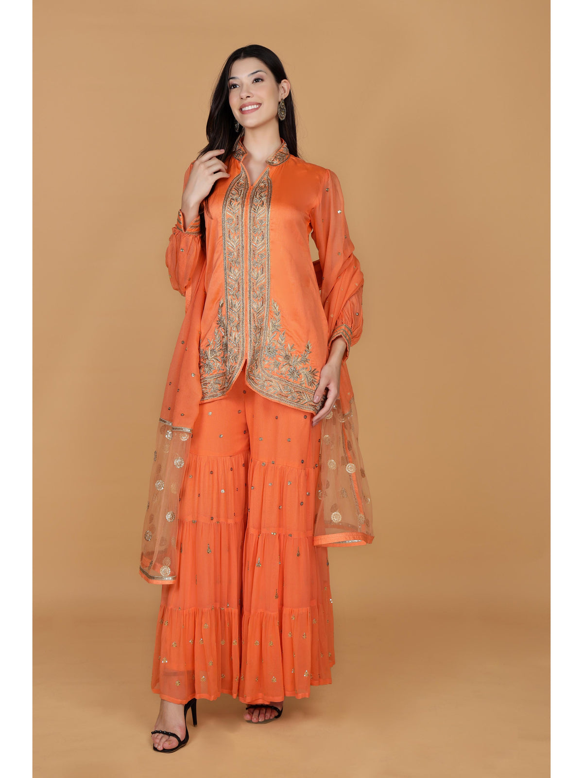 Floral Embroidered Empire Aari Work Kurti with Sharara & With Dupatta