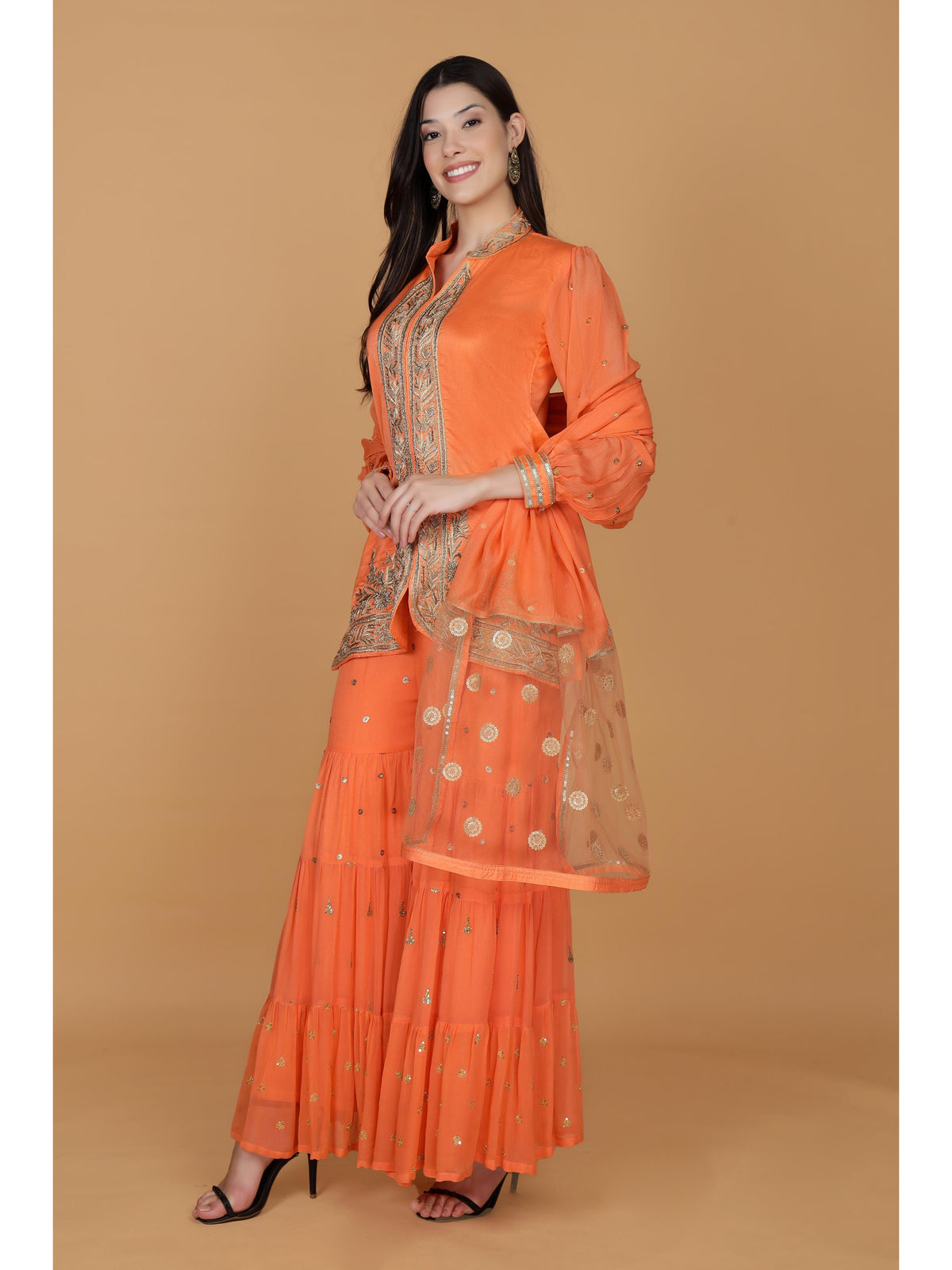 Floral Embroidered Empire Aari Work Kurti with Sharara & With Dupatta