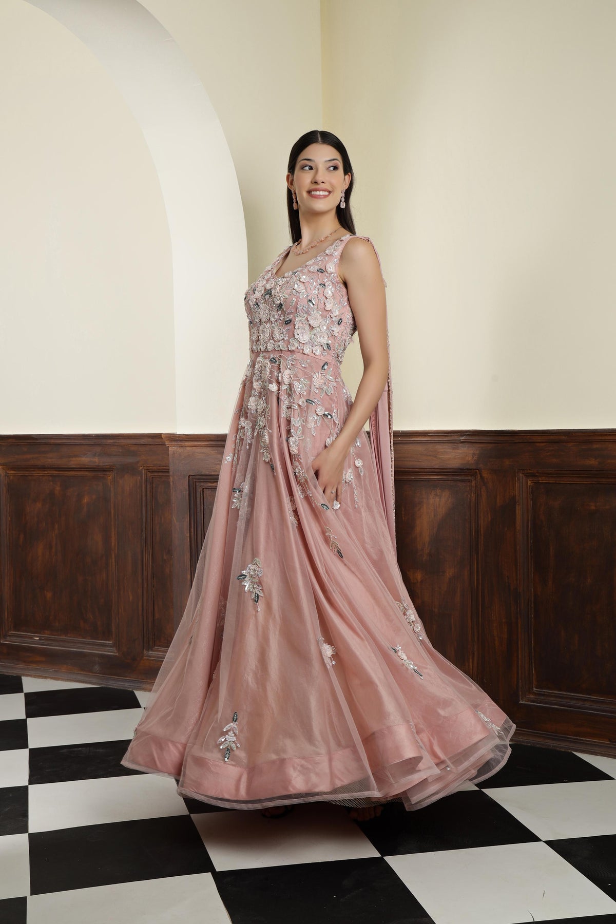 Nude Pink Net Sequins Embroidered Gown
