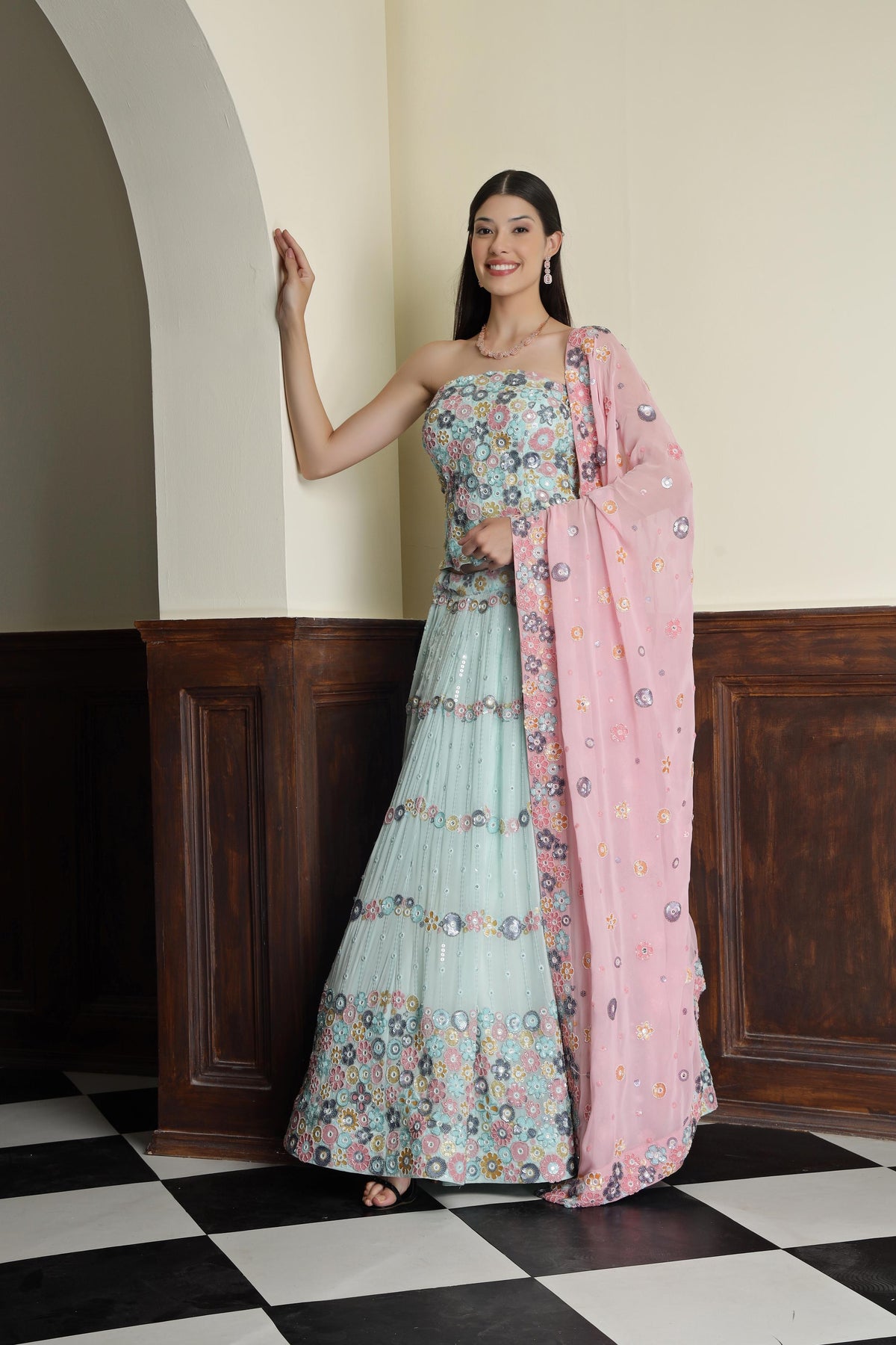 Embroidered Sequnnied Georgette Ready to Wear Lehenga & Blouse With Dupatta