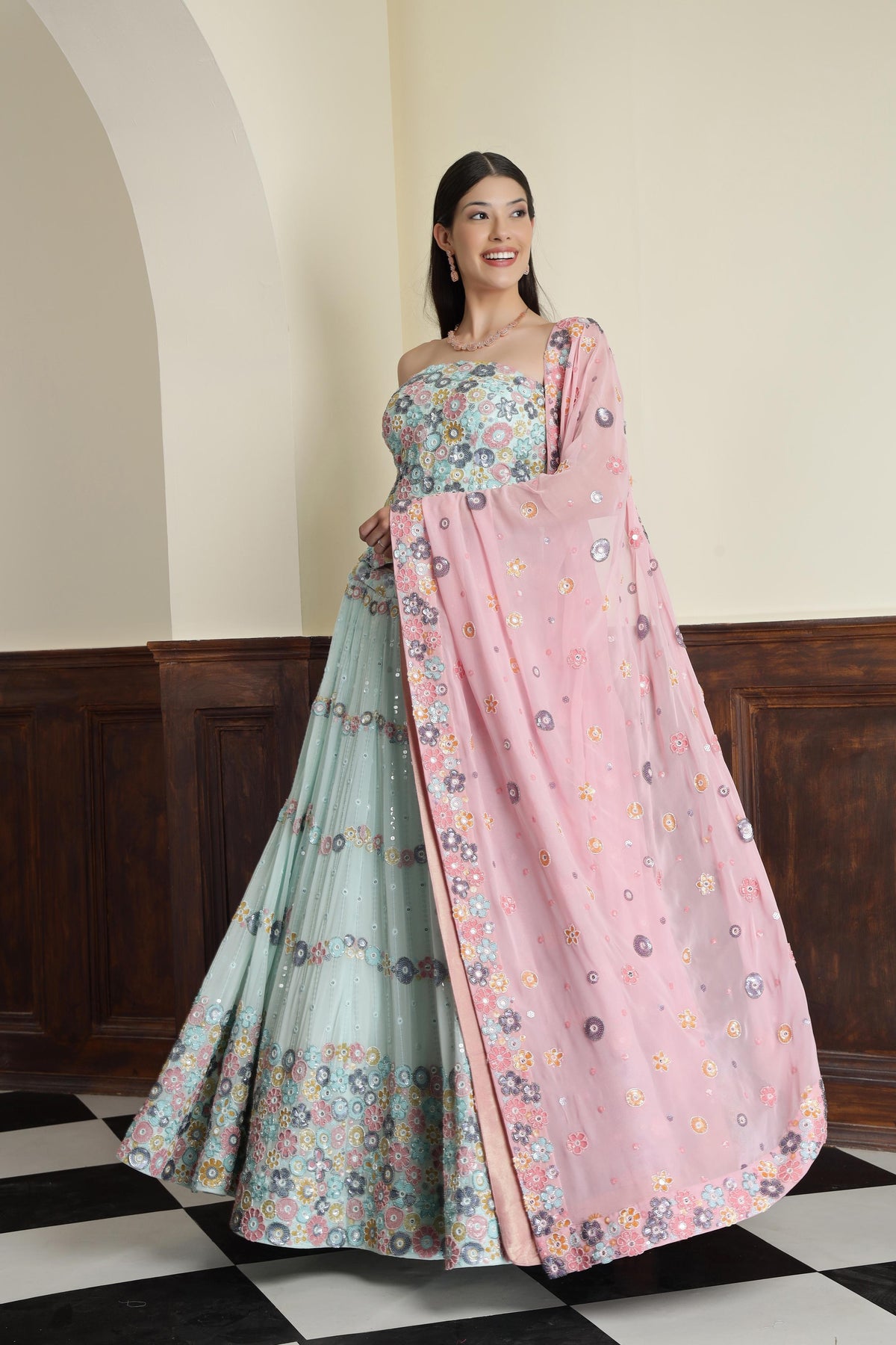 Embroidered Sequnnied Georgette Ready to Wear Lehenga & Blouse With Dupatta