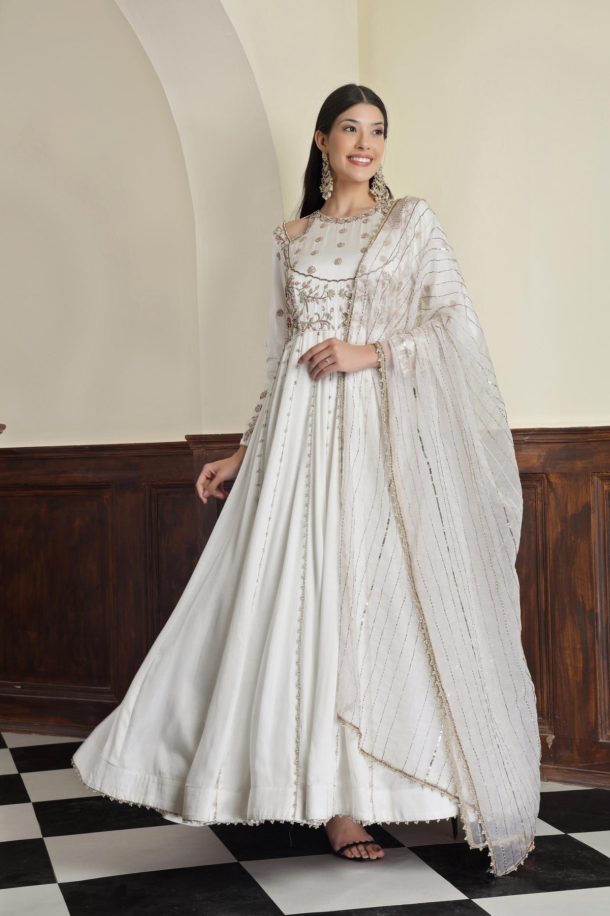 Women Embroidered Satin Fit & Flare Maxi Ethnic Dresses