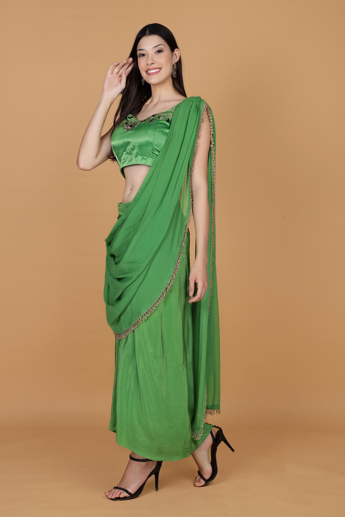 Beads & Stones Embroidered Border Pure Crepe Dhoti Saree