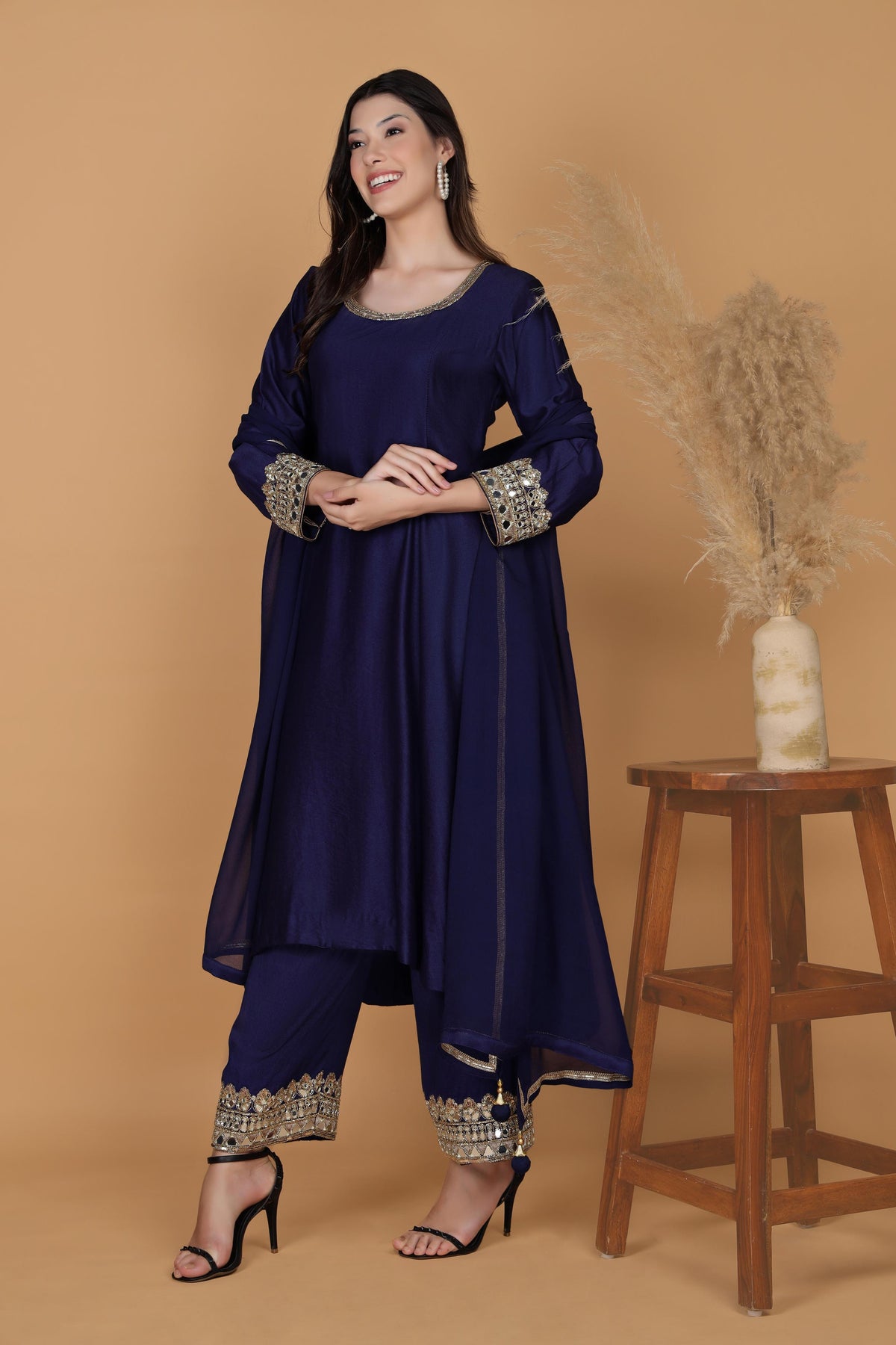 Embellished Mirror Work Round Neck Kurta With Palazzos & Dupatta