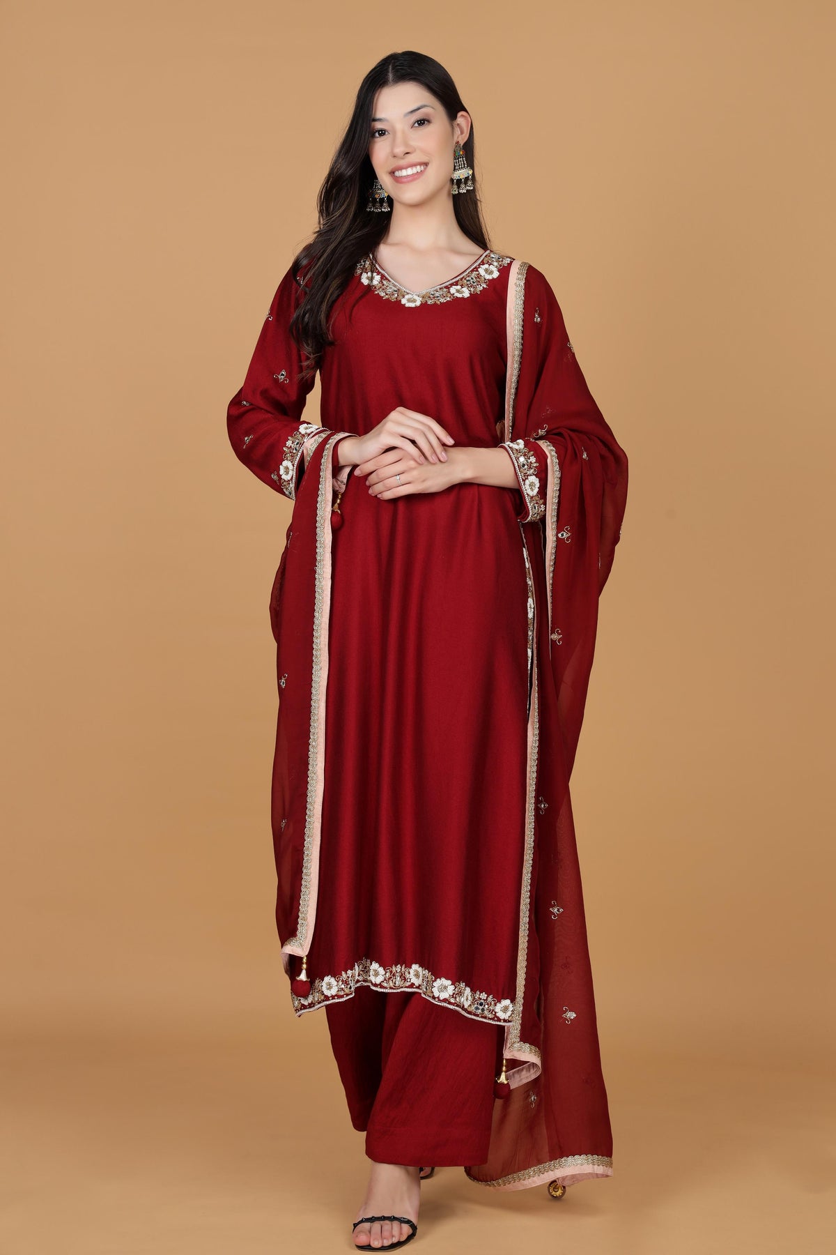 Ethnic Motifs Embroidered V Neck Kurta With Palazzos & Dupatta