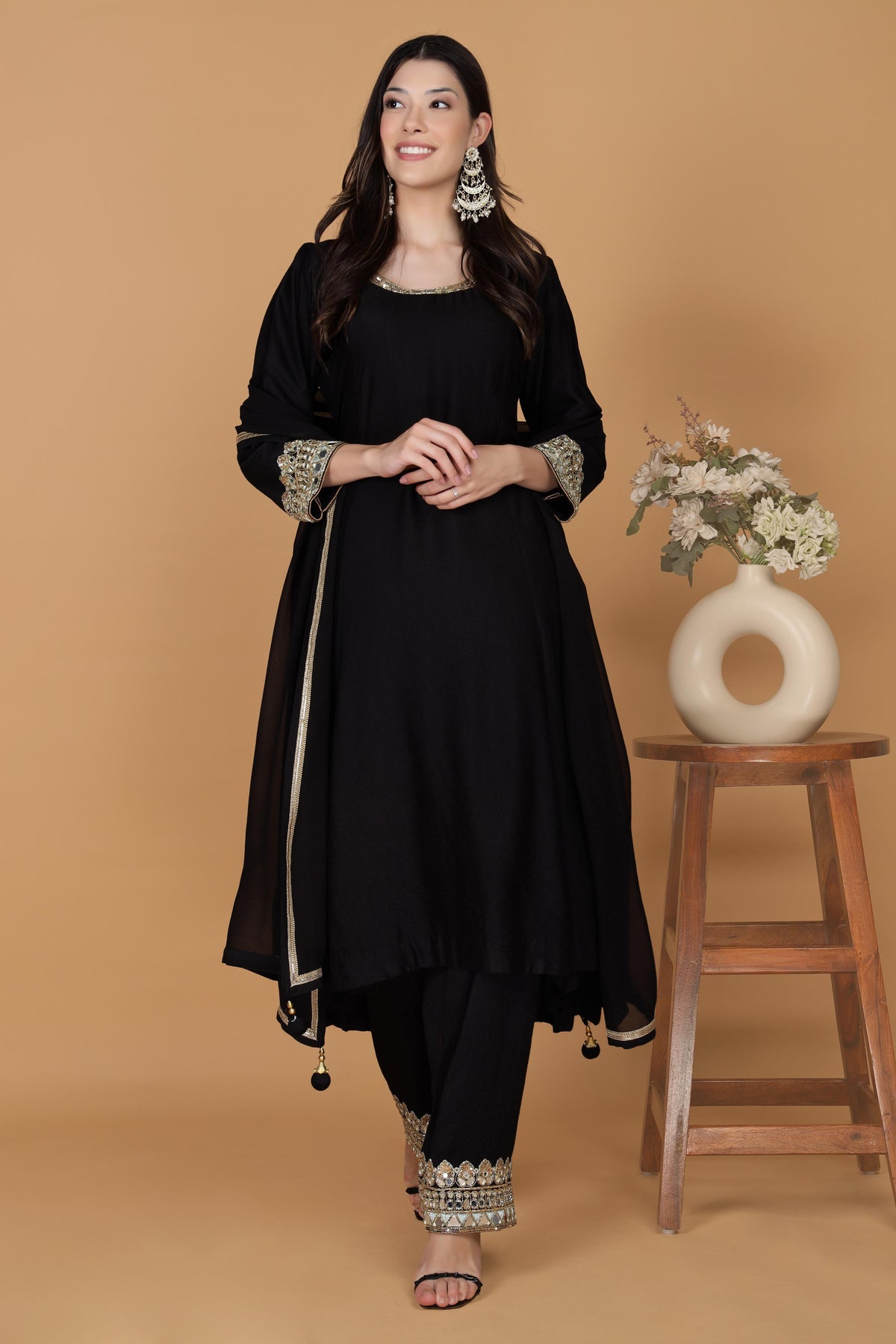Floral Yoke Design Mirror Work Cotton Silk A-Line Kurta With Palazzos & Dupatta