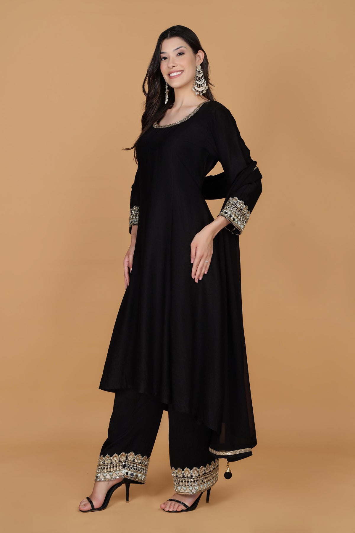 Floral Yoke Design Mirror Work Cotton Silk A-Line Kurta With Palazzos & Dupatta