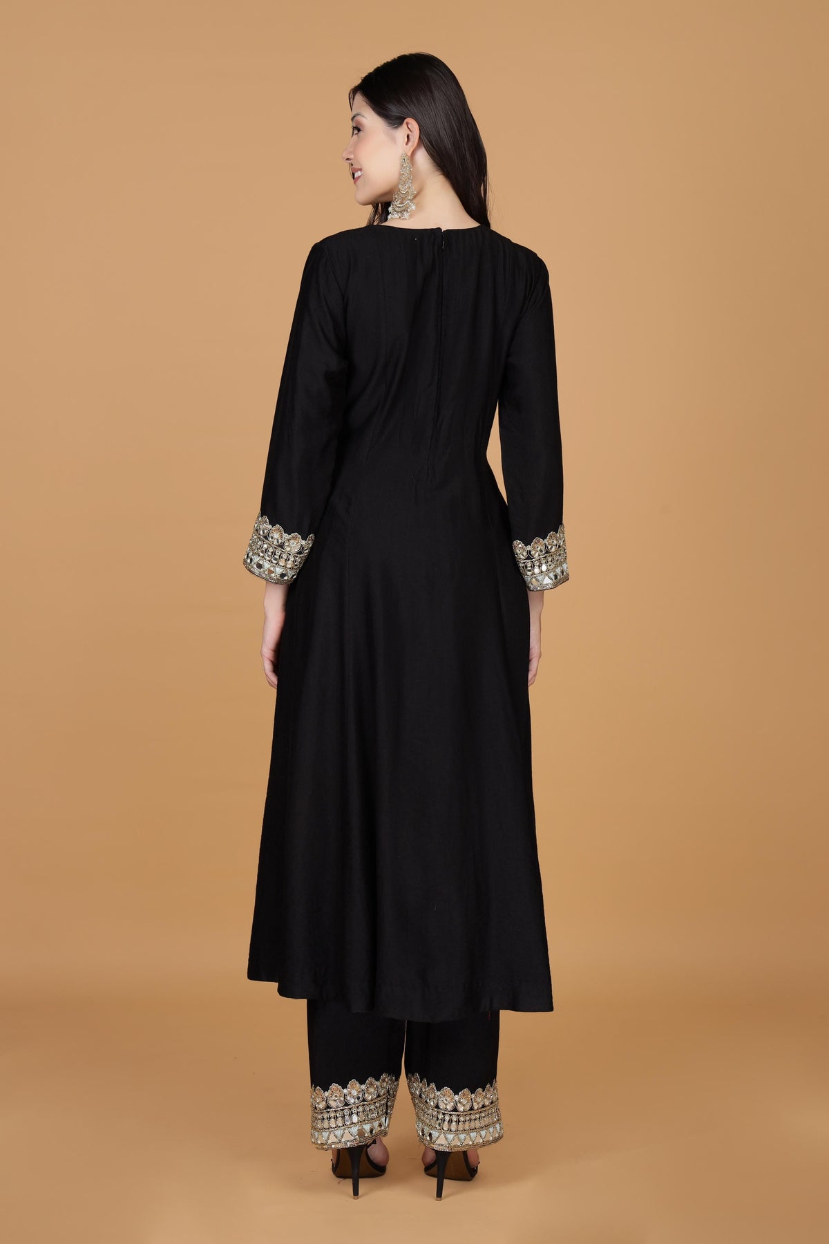 Floral Yoke Design Mirror Work Cotton Silk A-Line Kurta With Palazzos & Dupatta