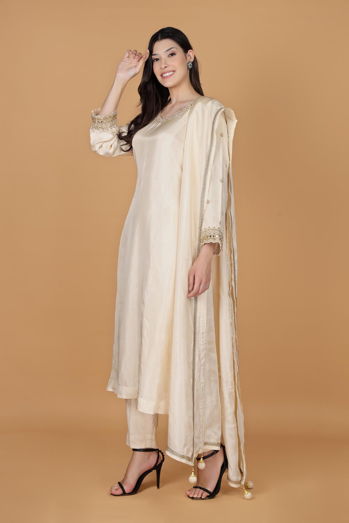 Floral Yoke Design Aari Work Pure Silk A-Line Kurta With Trousers & Dupatta
