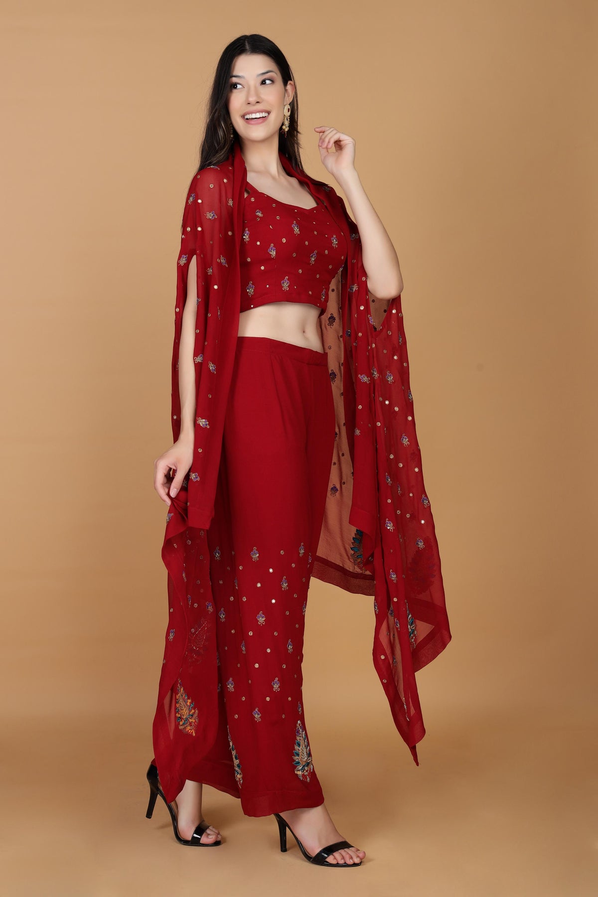 Embroidered Shoulder Straps Sleeveless Top With Palazzos Co-Ords