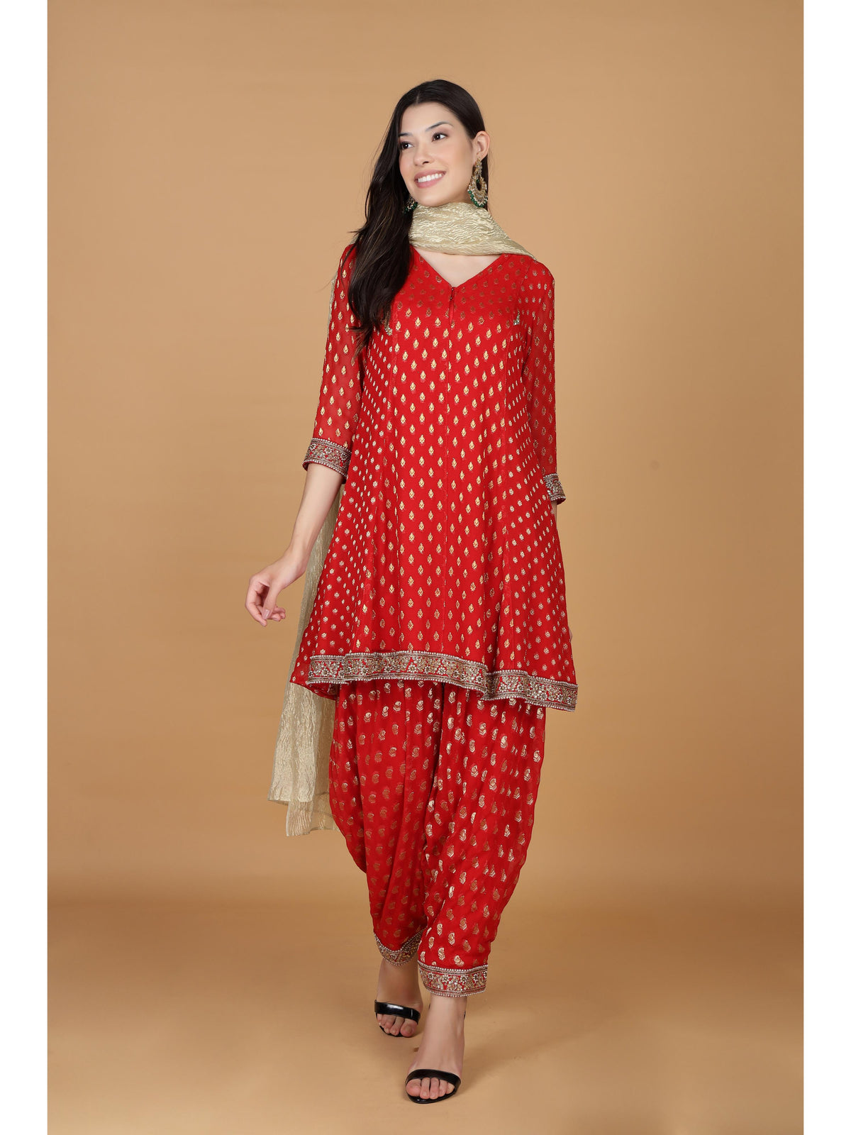 Floral Woven Design Aari Work Georgette Anarkali Kurti With Salwar & Dupatta