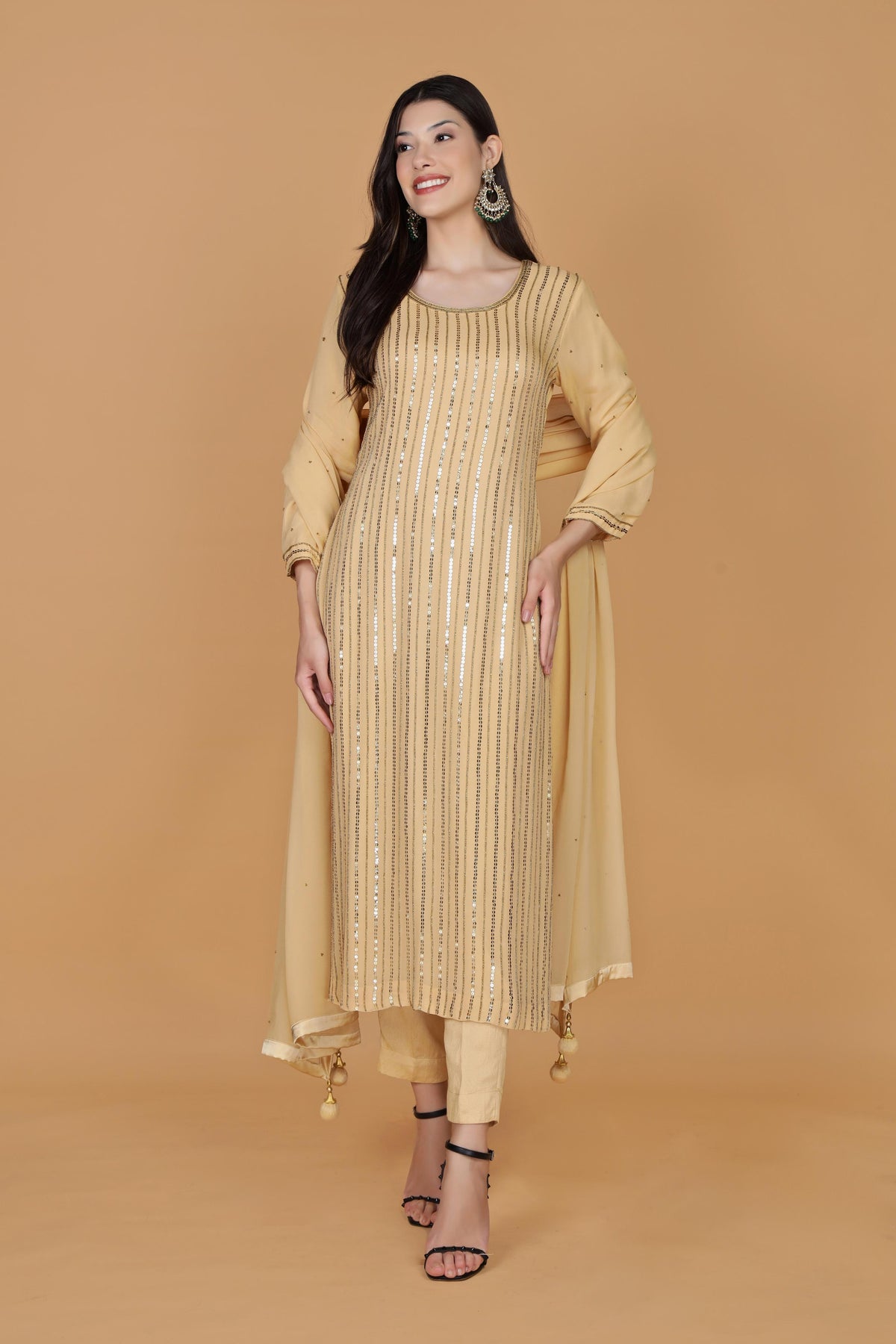 Striped Sequnnied Georgette A-Line Kurta With Trousers & Dupatta