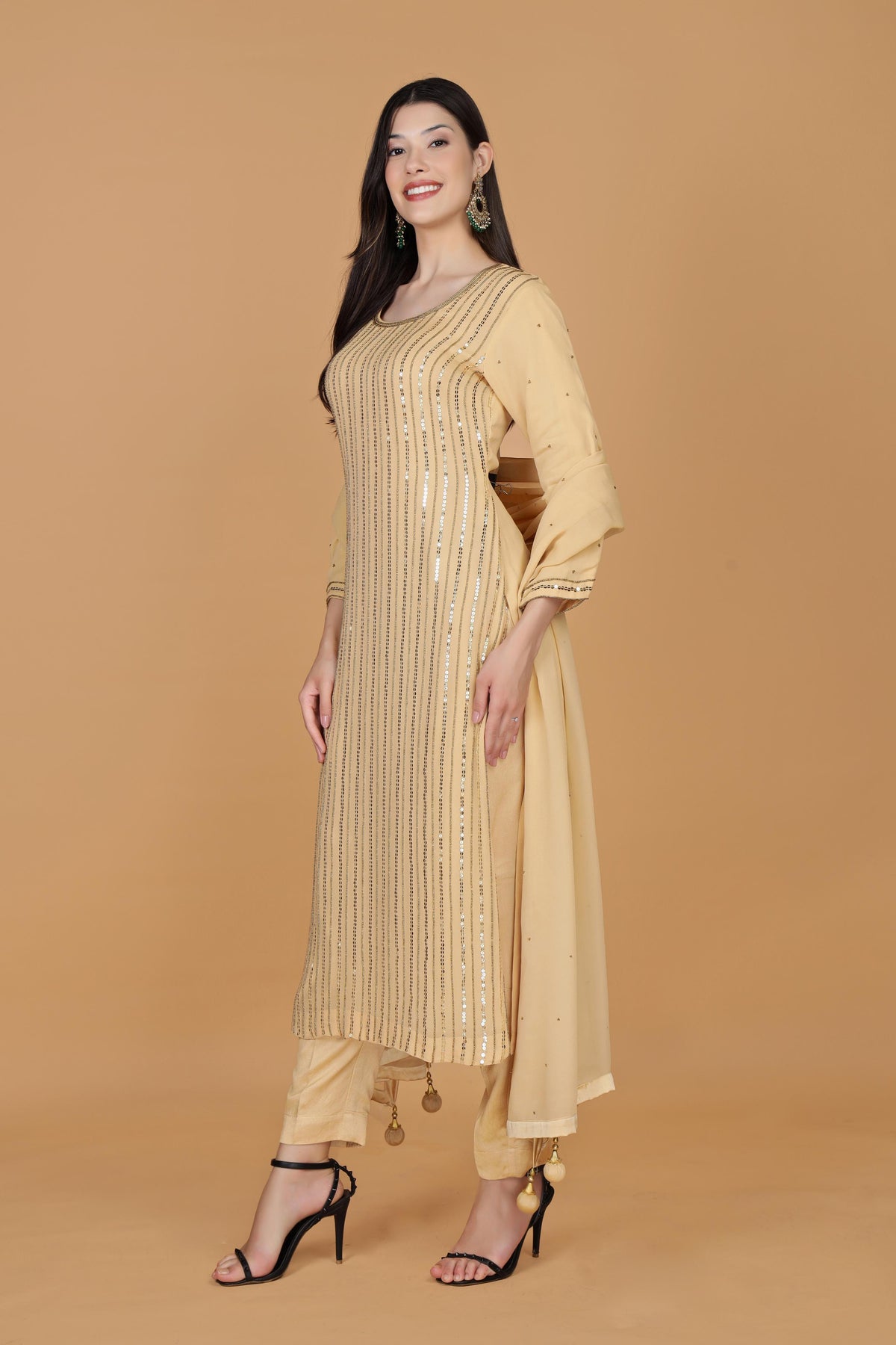 Striped Sequnnied Georgette A-Line Kurta With Trousers & Dupatta