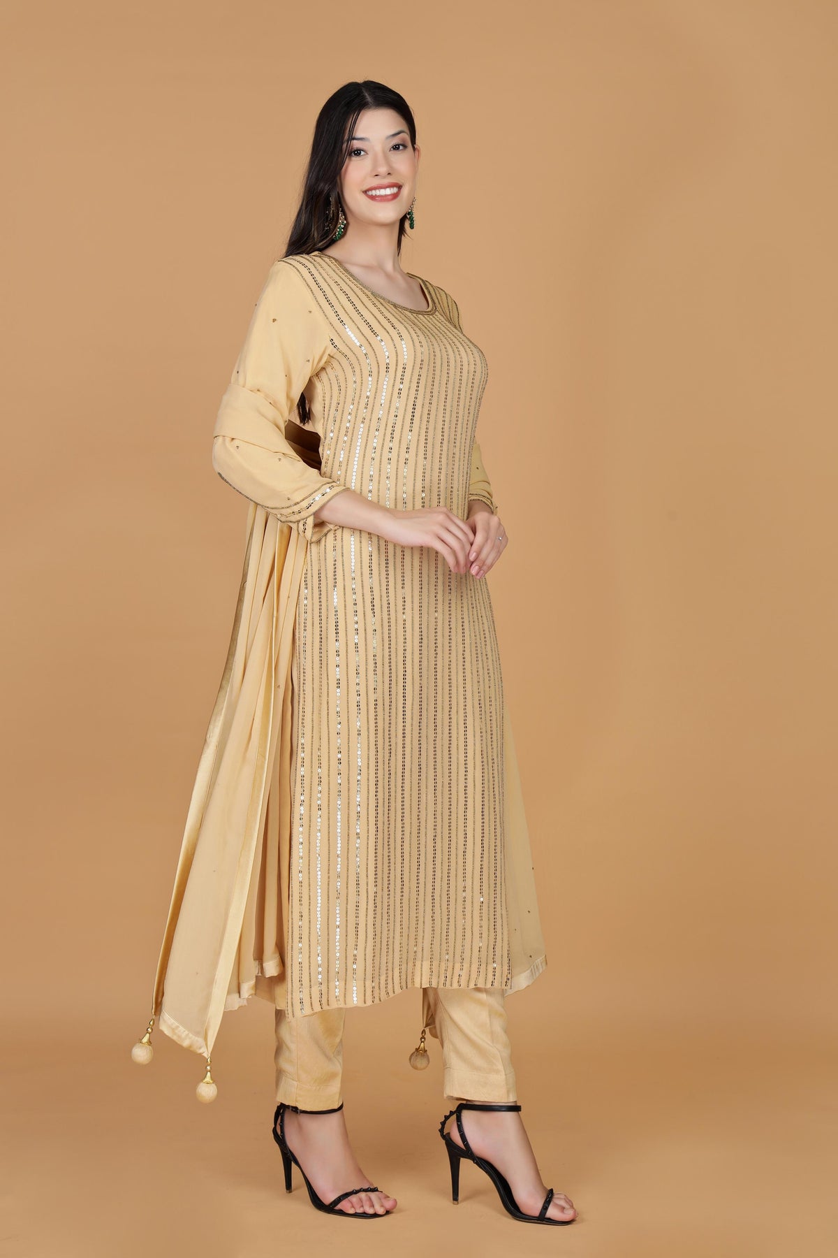 Striped Sequnnied Georgette A-Line Kurta With Trousers & Dupatta