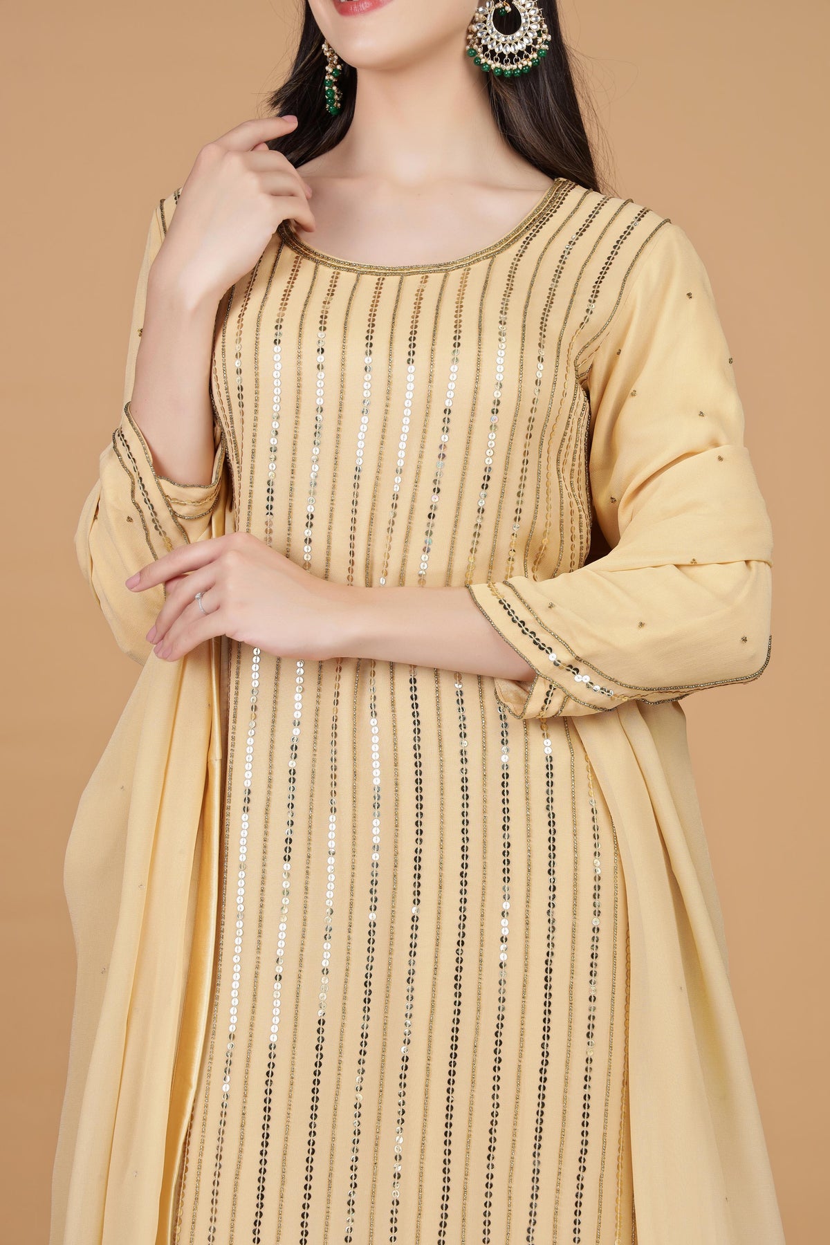Striped Sequnnied Georgette A-Line Kurta With Trousers & Dupatta