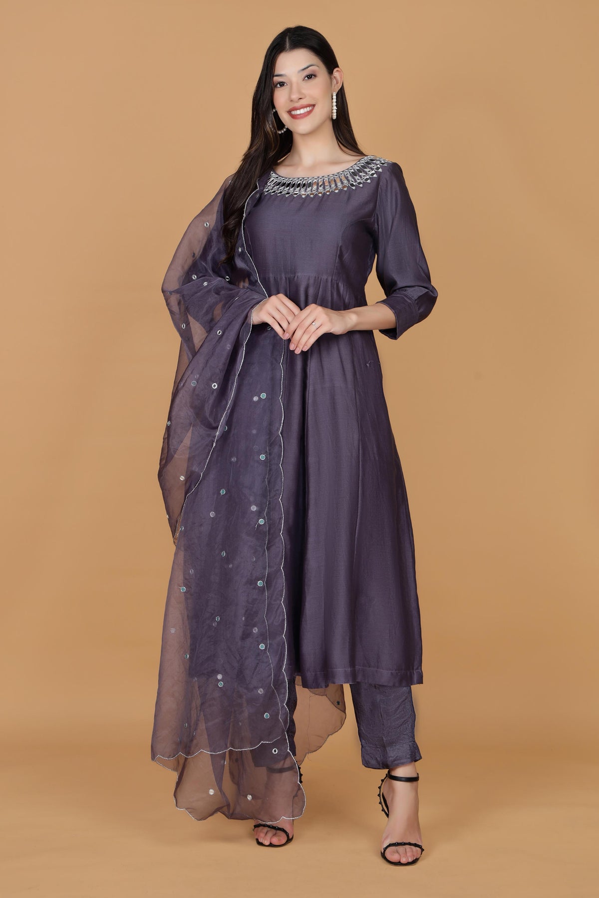 Floral Yoke Design Chanderi Silk A-Line Kurta With Trousers & Dupatta