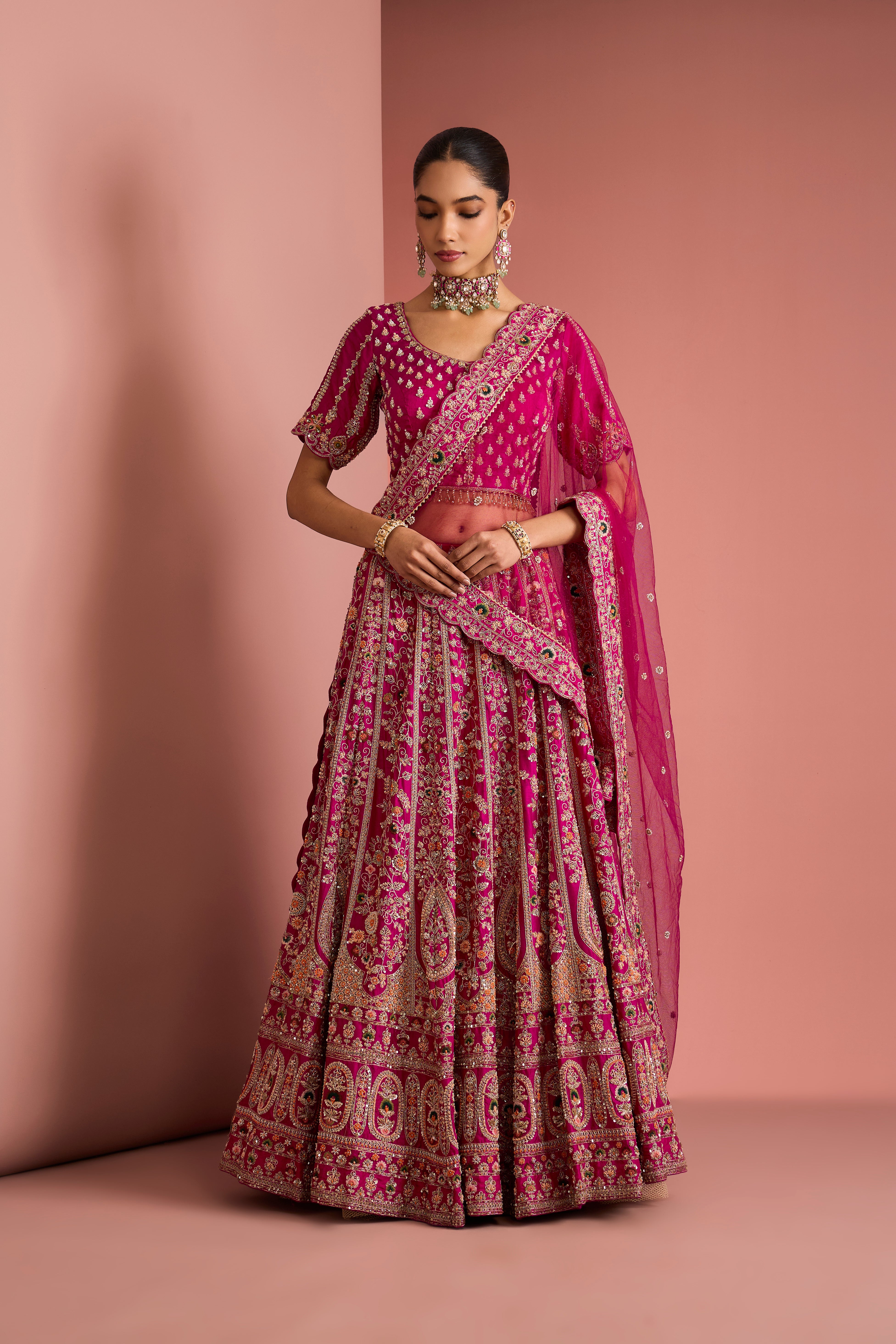DARK  PINK SILK LEHENGA SET WITH ZARDOZI EMBROIDERY