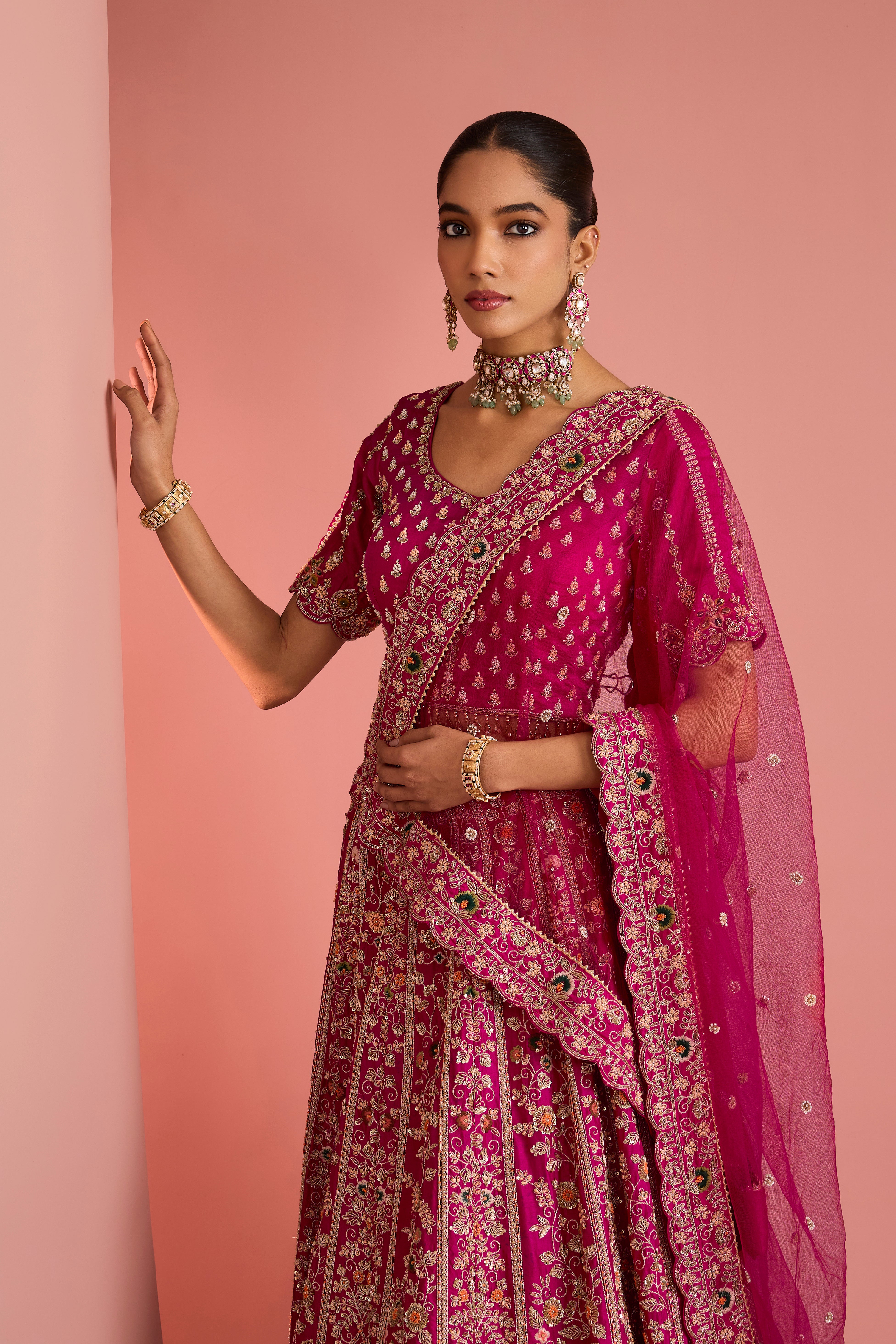 DARK  PINK SILK LEHENGA SET WITH ZARDOZI EMBROIDERY